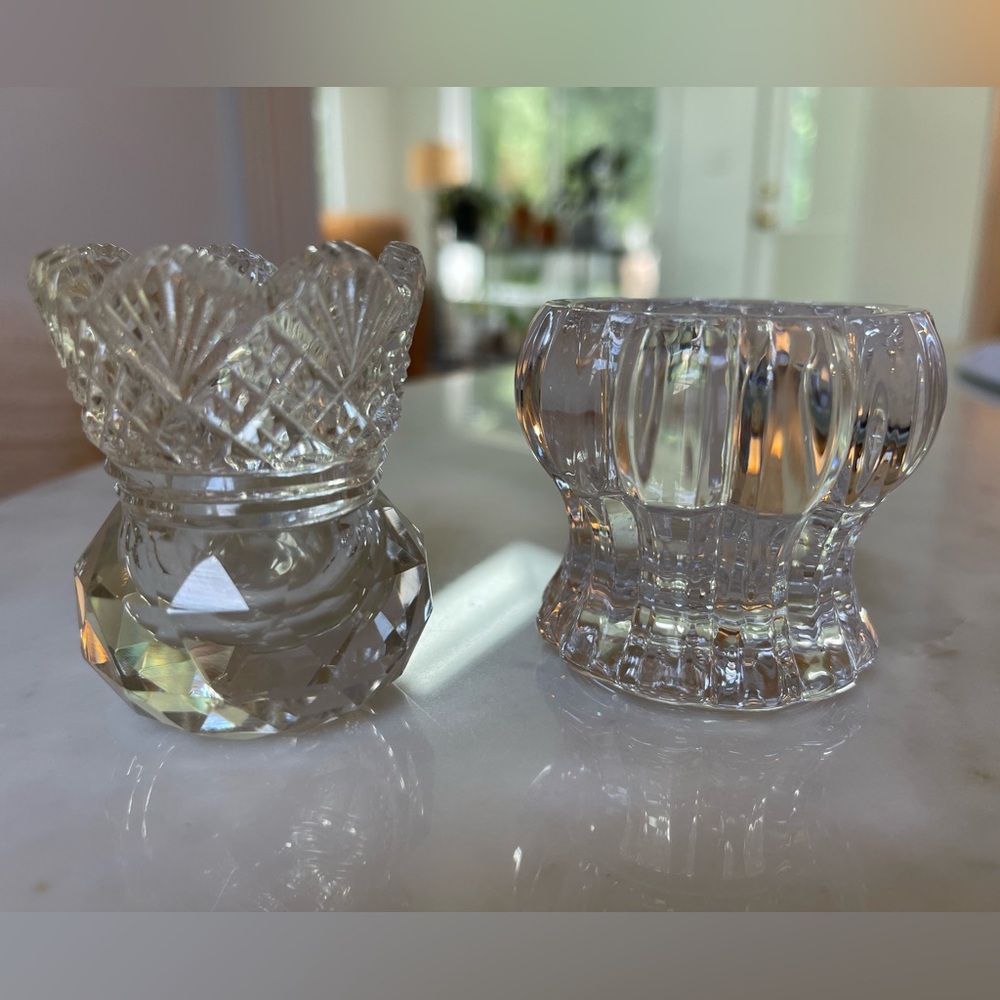 Set of 2 heavy glass pieces, toothpick match holder & candle holder glass